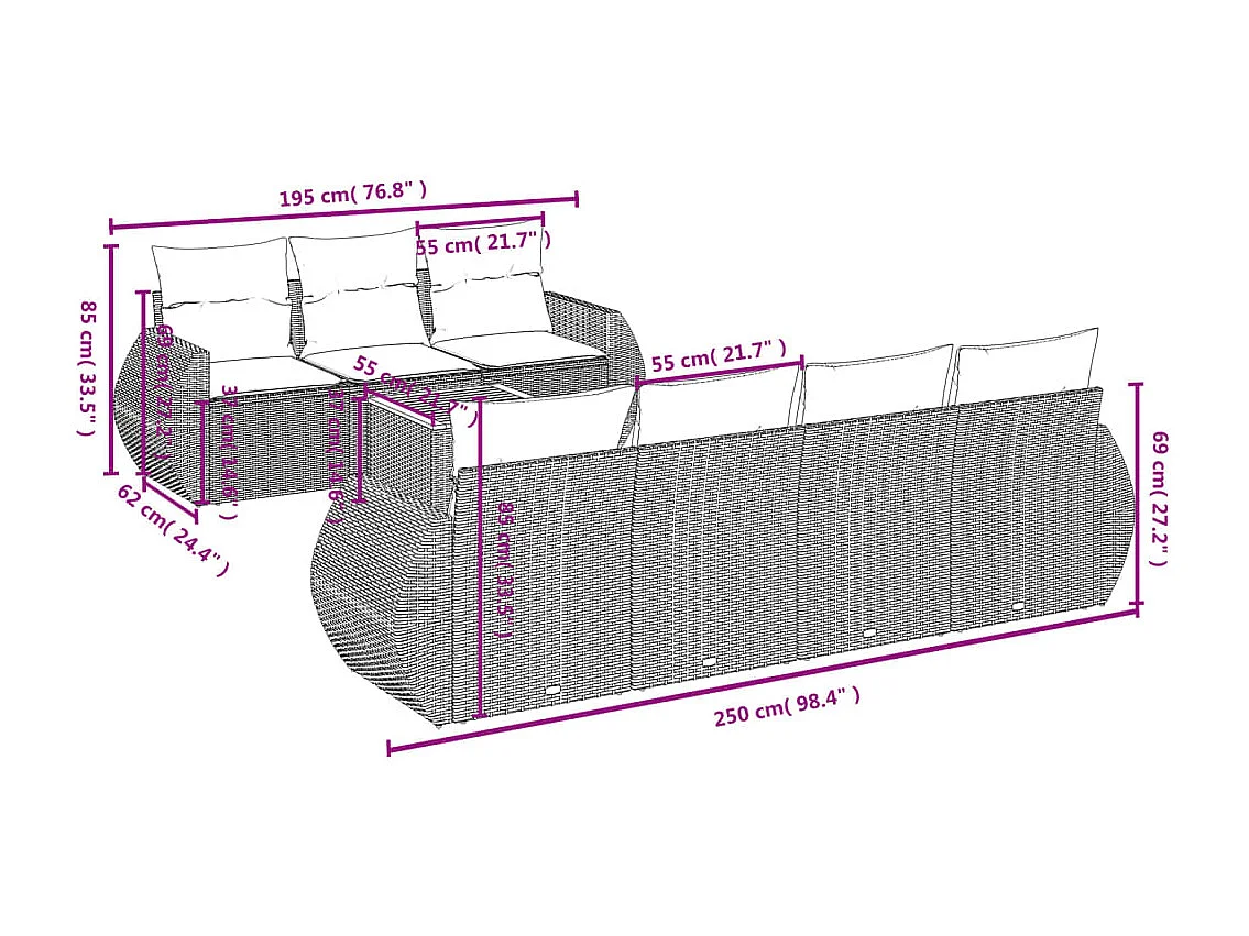 8-delige Loungeset met kussens poly rattan grijs