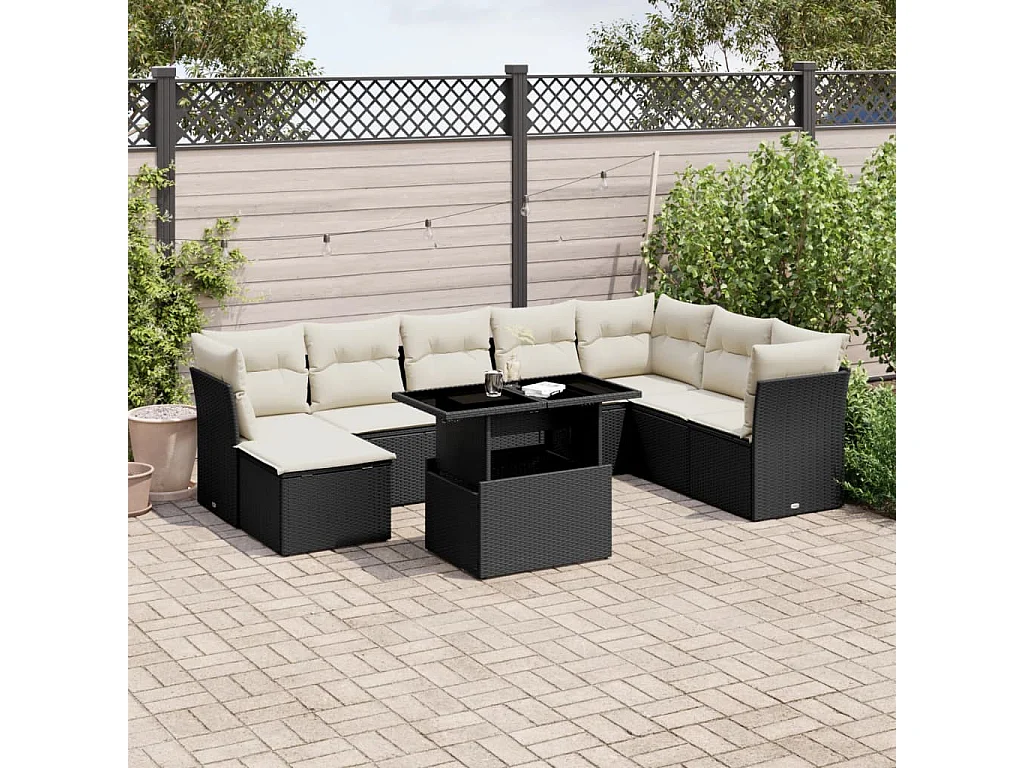 9-delige Loungeset met kussens poly rattan zwart