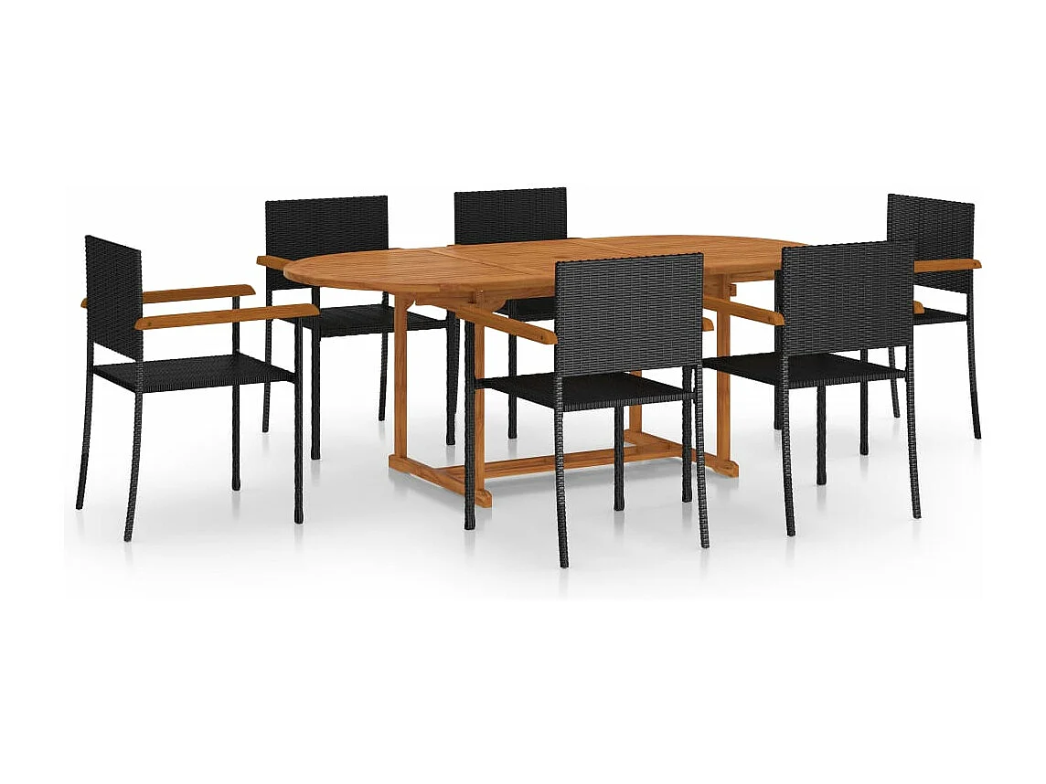 7 pcs conjunto de jantar para jardim vime PE preto