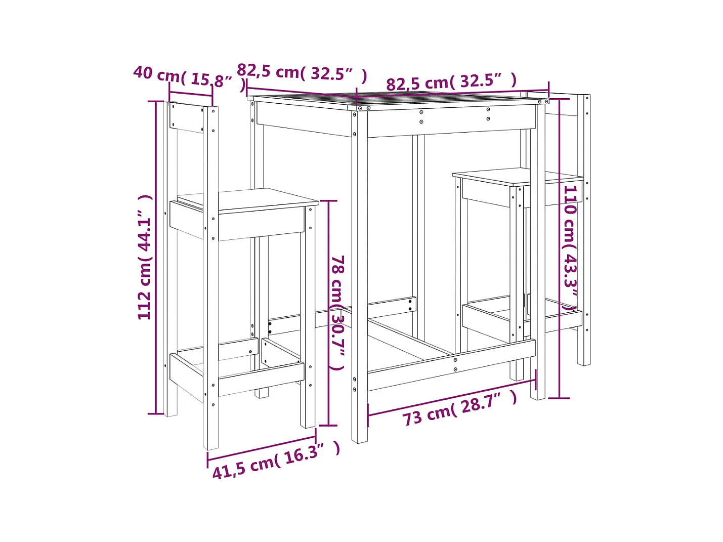 Ensemble de bar de jardin 3 pcs blanc bois de pin massif