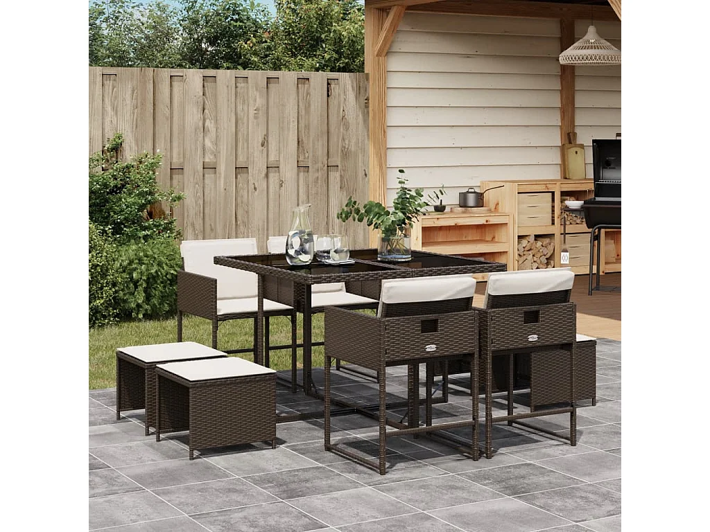 Ensemble à manger de jardin et coussins 9 pcs marron poly rotin
