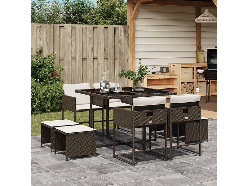 Set da Pranzo da Giardino 9pz con Cuscini Marrone in Polyrattan