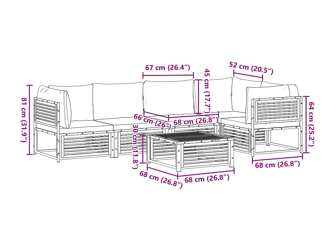 6 pcs conjunto de sofás de jardim com almofadões acácia maciça