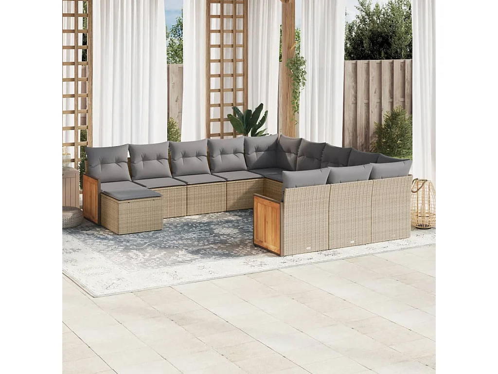 Salon de jardin avec coussins 12 pcs beige résine tressée