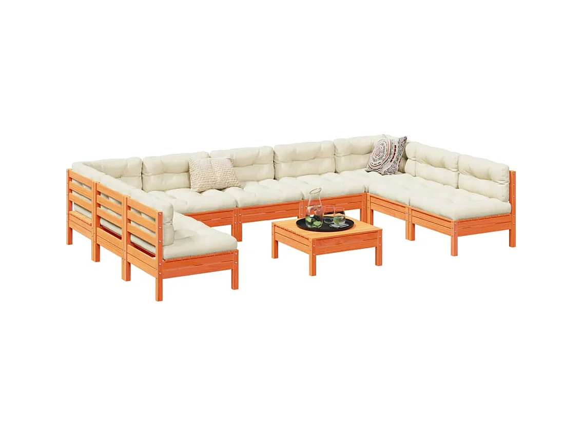 Set Divani Giardino 10pz con Cuscini Marrone Cera Massello Pino
