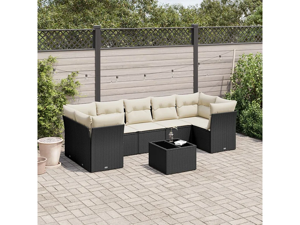 Salon de jardin 8 pcs avec coussins noir résine tressée