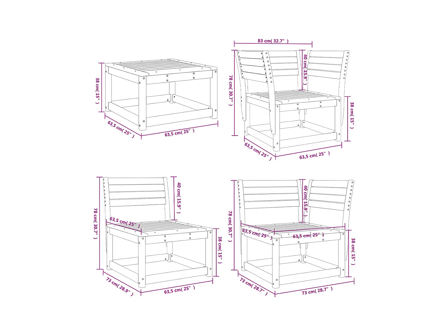 8-delige Loungeset massief grenenhout wit