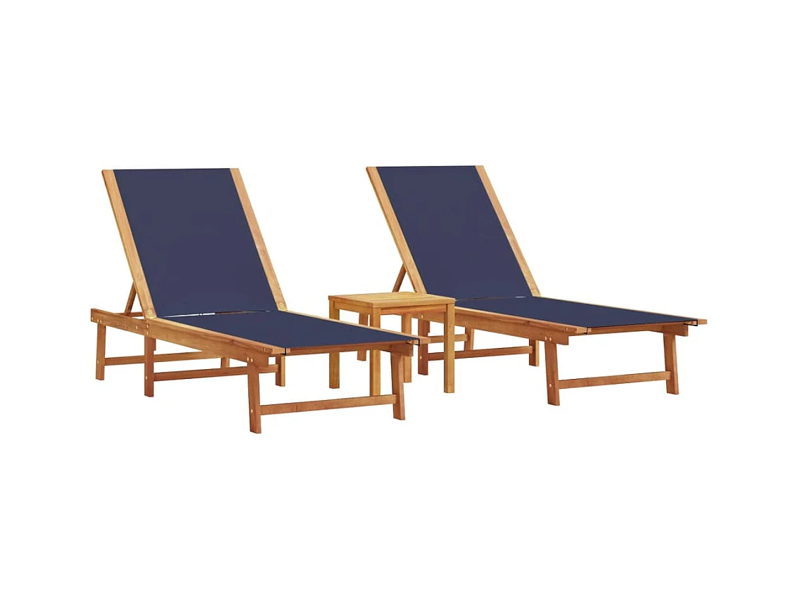 Ligstoelen set van 2 blauwe tafel acaciahout en textiel