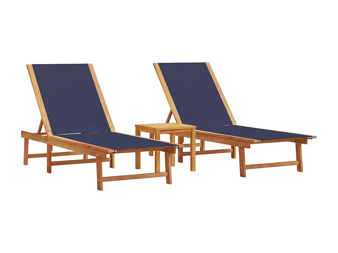 Ligstoelen set van 2 blauwe tafel acaciahout en textiel