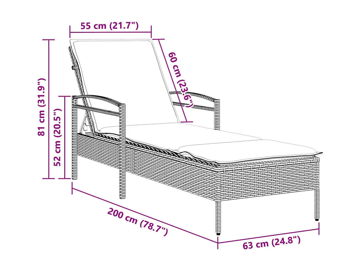 Chaise longue avec coussin marron 63x200x81 cm résine tressée