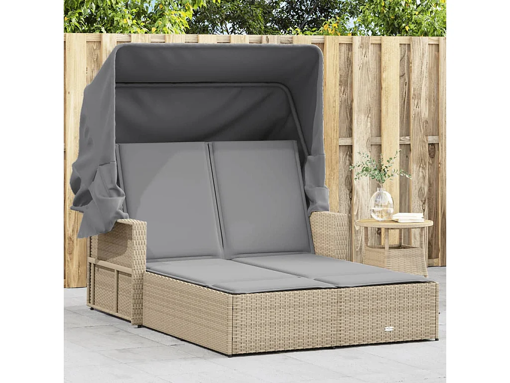 Chaise longue double et auvent et coussins mélange beige rotin