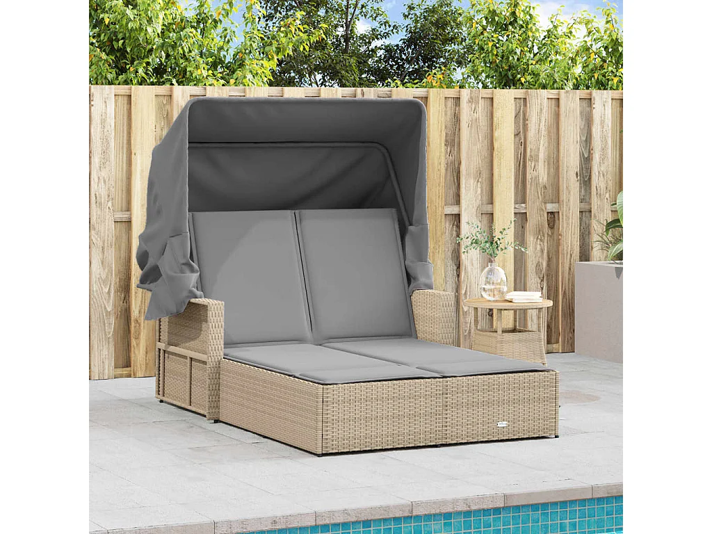 Chaise longue double et auvent et coussins mélange beige rotin