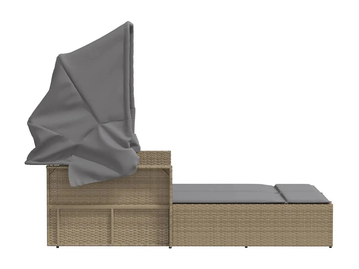 Chaise longue double et auvent et coussins mélange beige rotin