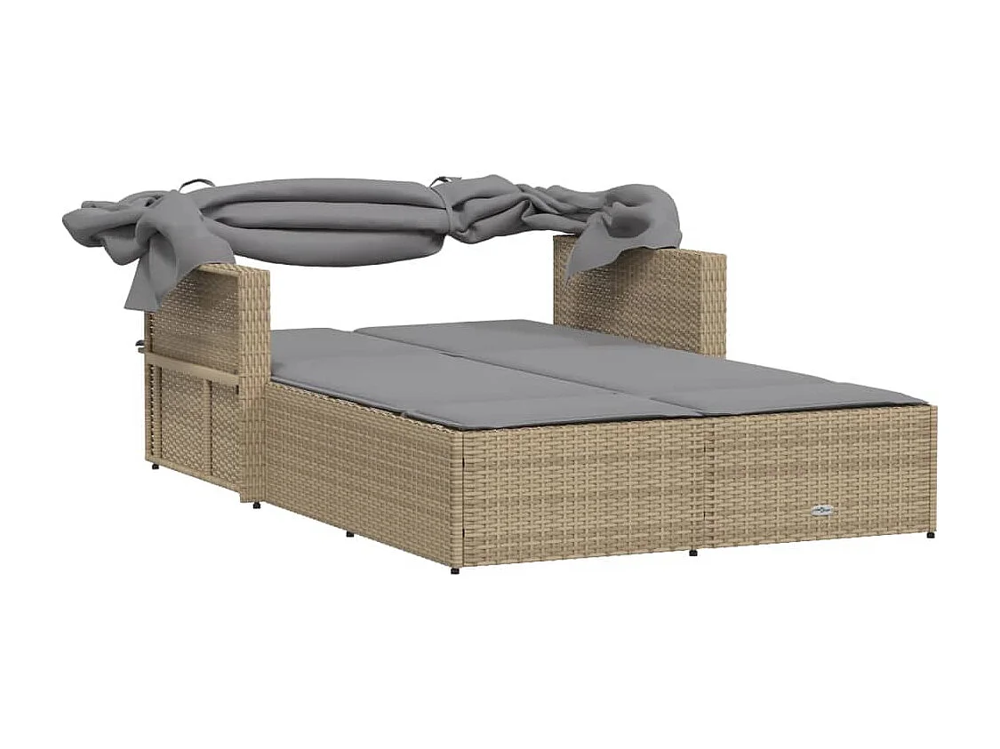 Chaise longue double et auvent et coussins mélange beige rotin
