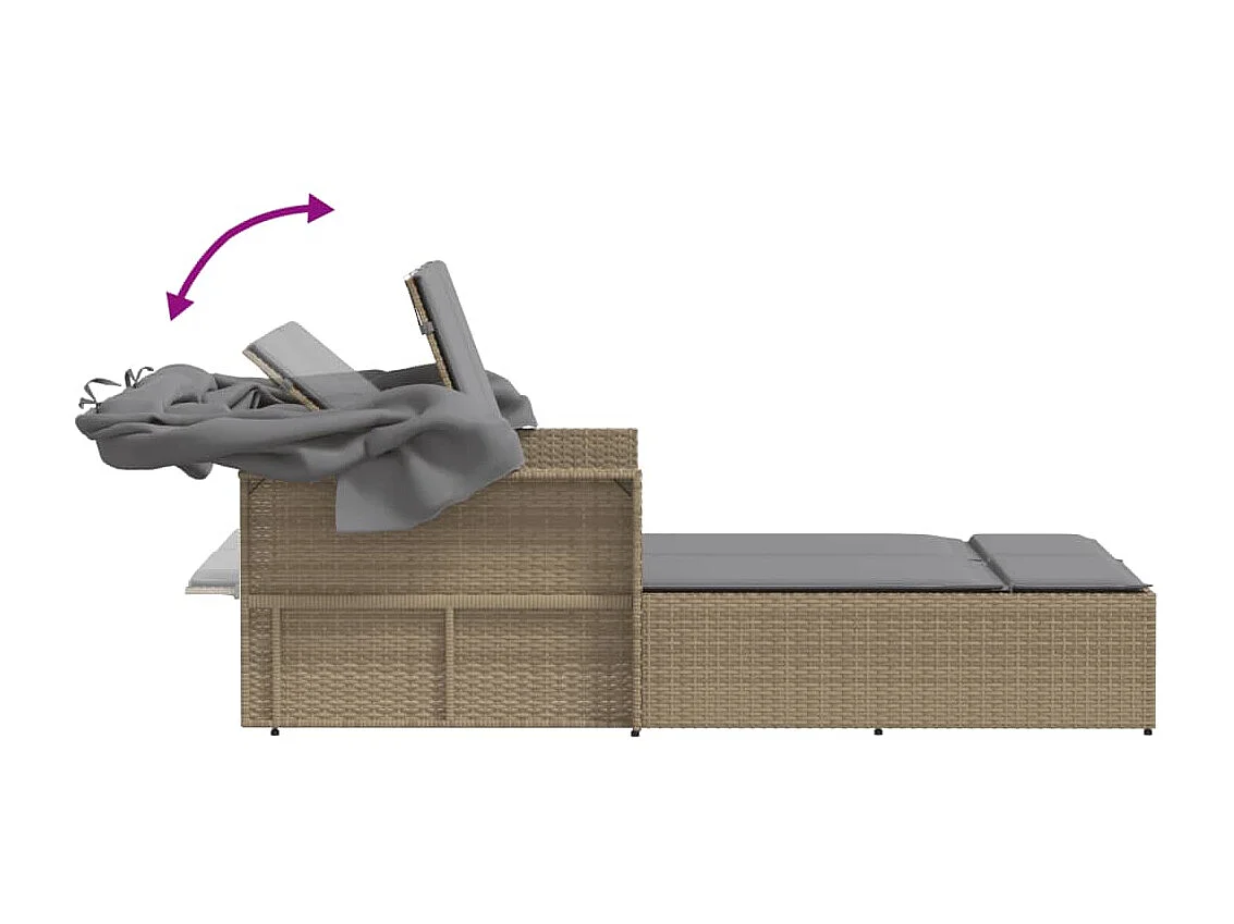 Chaise longue double et auvent et coussins mélange beige rotin