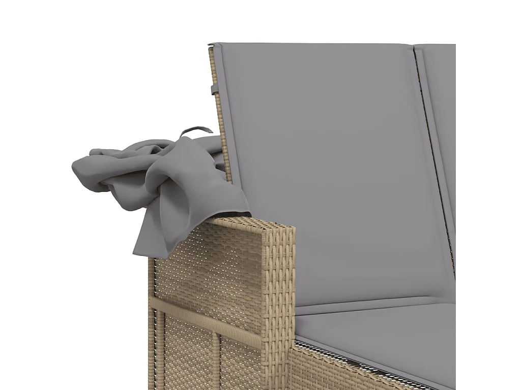 Chaise longue double et auvent et coussins mélange beige rotin