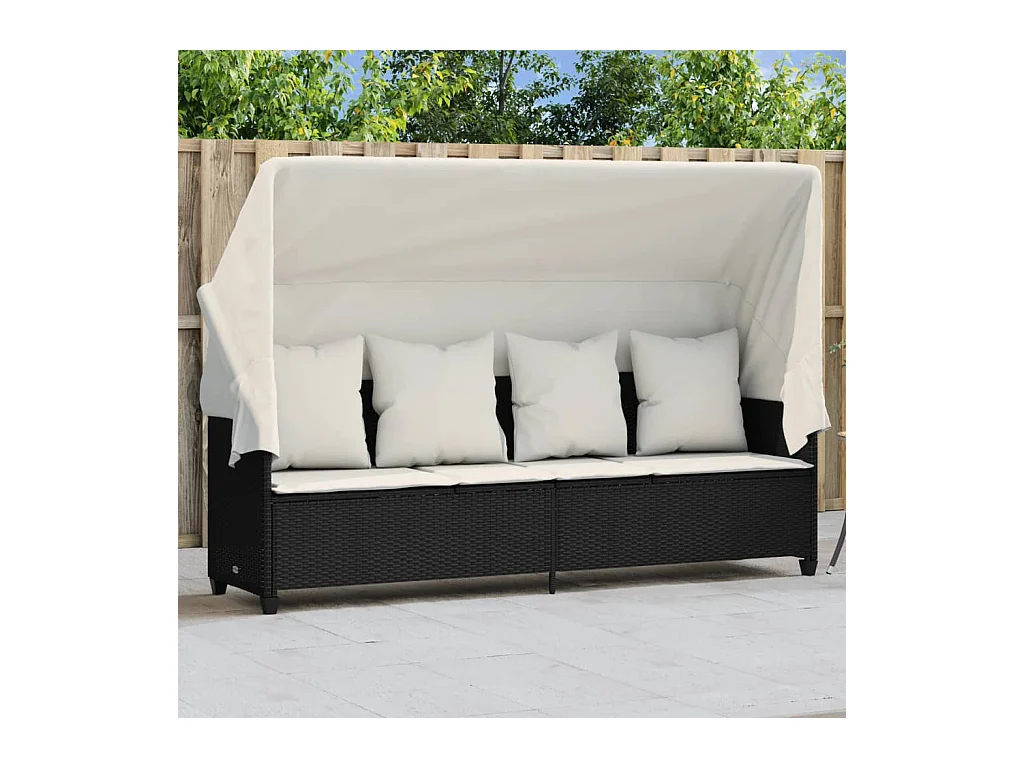 Chaise longue avec auvent et coussins noir résine tressée