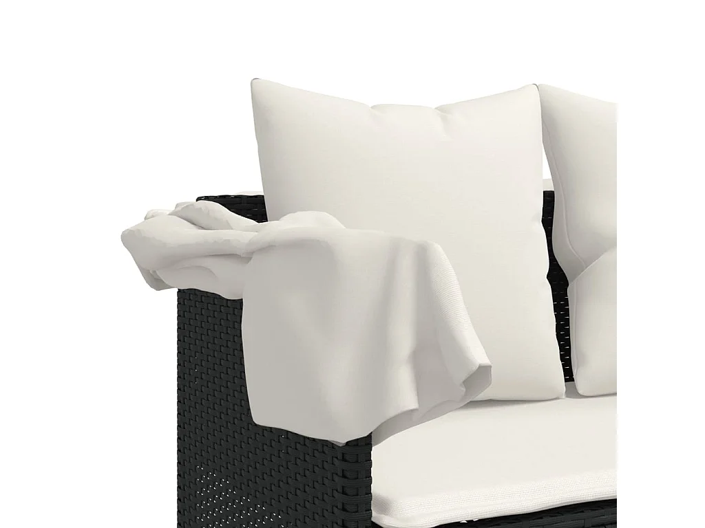 Sillón con dosel y cojines de resina tejida en negro.