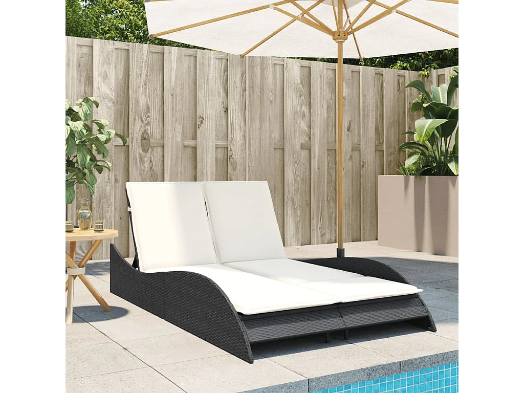 Chaise longue avec coussins noir 114x205x73 cm résine tressée