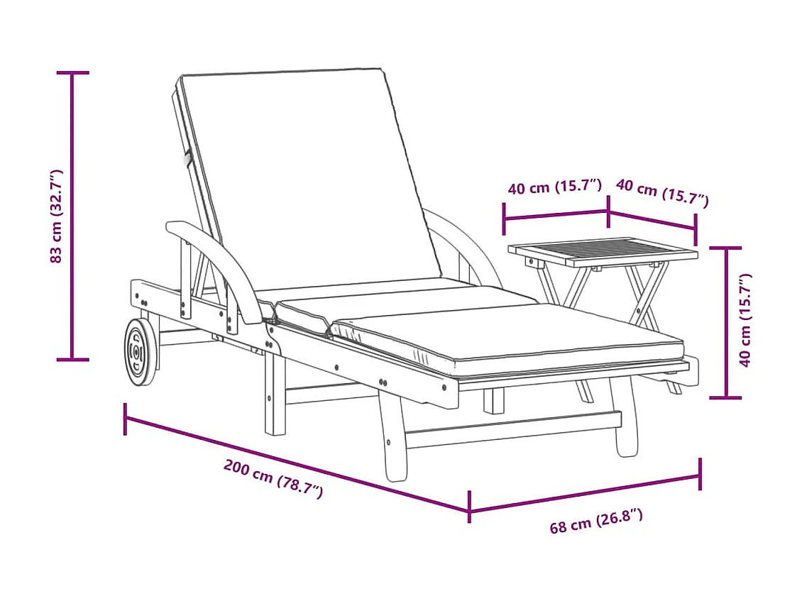 Chaise longue avec coussin et table bois d'acacia massif