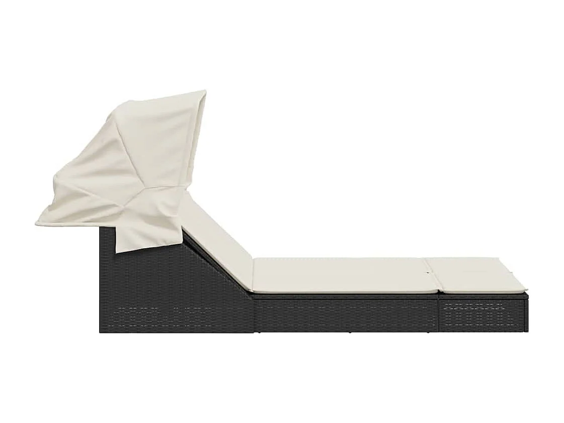 Chaise longue double et auvent et coussins noir résine tressée
