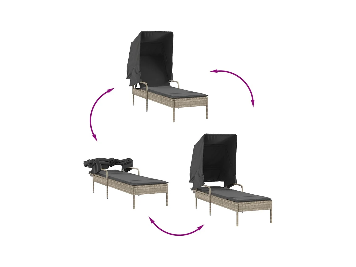 Chaise longue avec auvent et table gris clair résine tressée