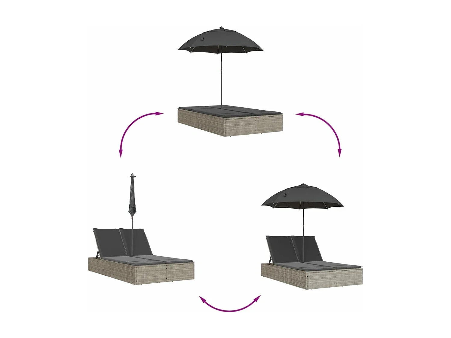 Chaise longue double avec coussins et parasol gris clair rotin