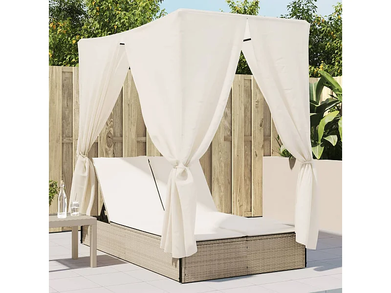 Poltrona lounge doppia con tetto e tende in resina intrecciata beige