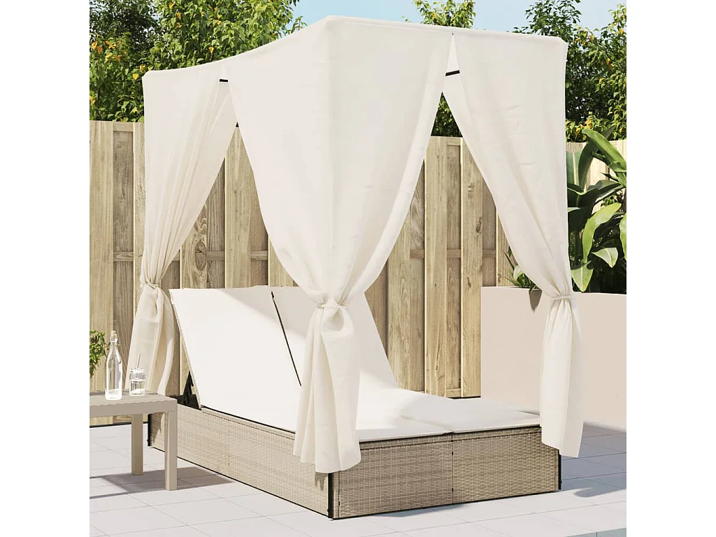 Poltrona lounge doppia con tetto e tende in resina intrecciata beige