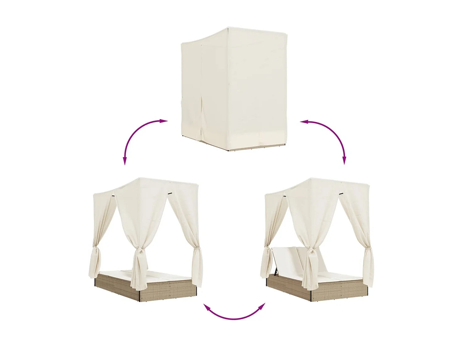 Poltrona lounge doppia con tetto e tende in resina intrecciata beige