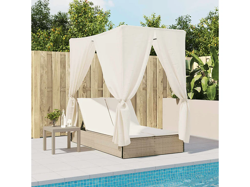 Chaise longue double avec toit et rideaux beige résine tressée