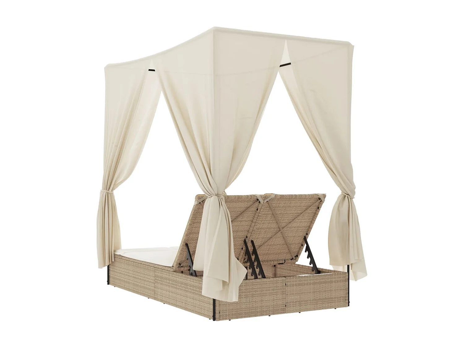 Chaise longue double avec toit et rideaux beige résine tressée