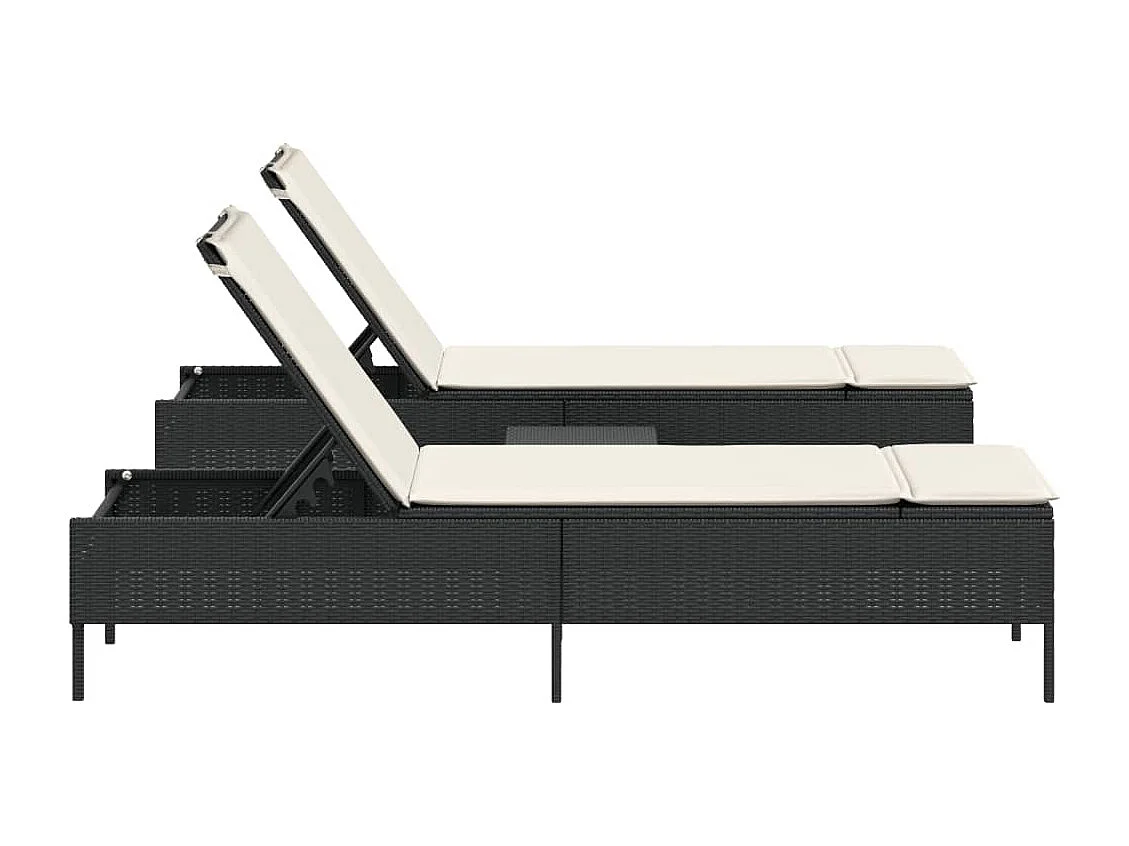 Set di sedie a sdraio con cuscini, 3 pezzi in polyrattan nero