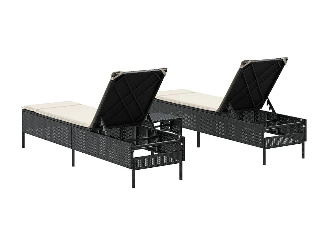 Set di sedie a sdraio con cuscini, 3 pezzi in polyrattan nero