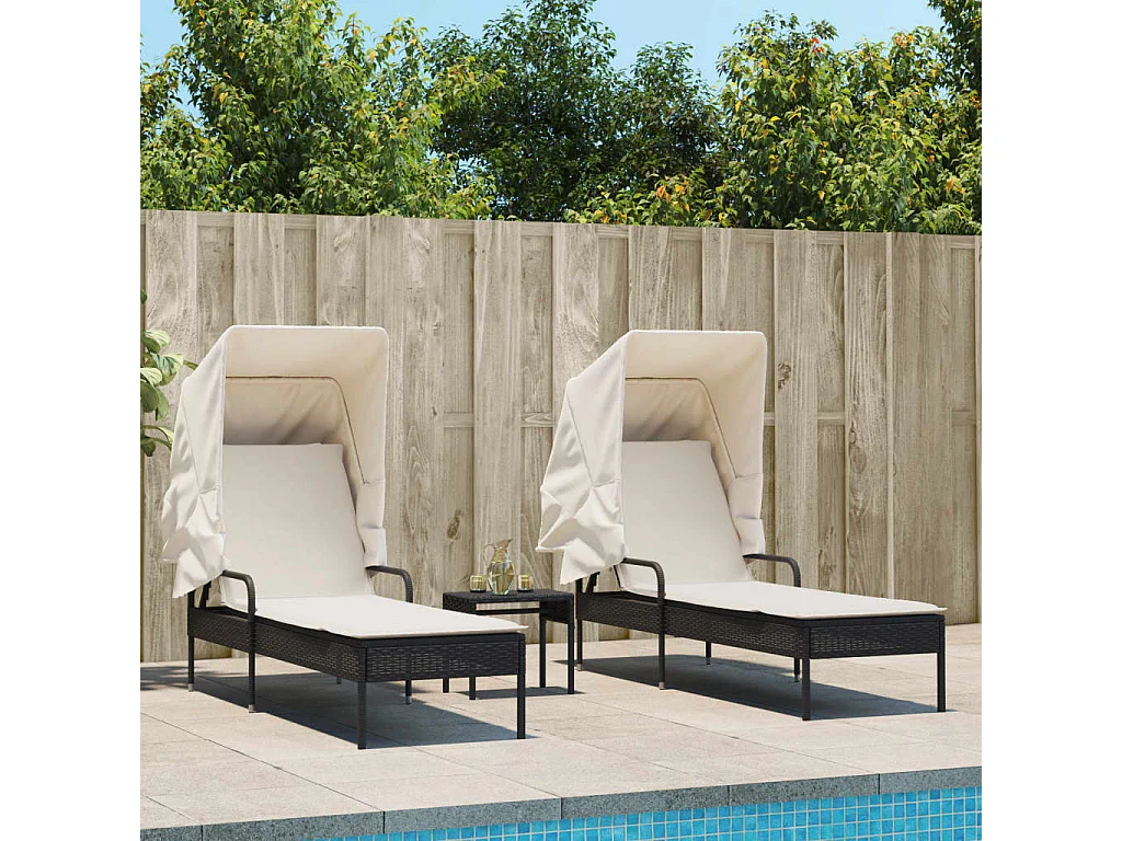 Chaises longues lot de 2 avec auvents et table noir poly rotin
