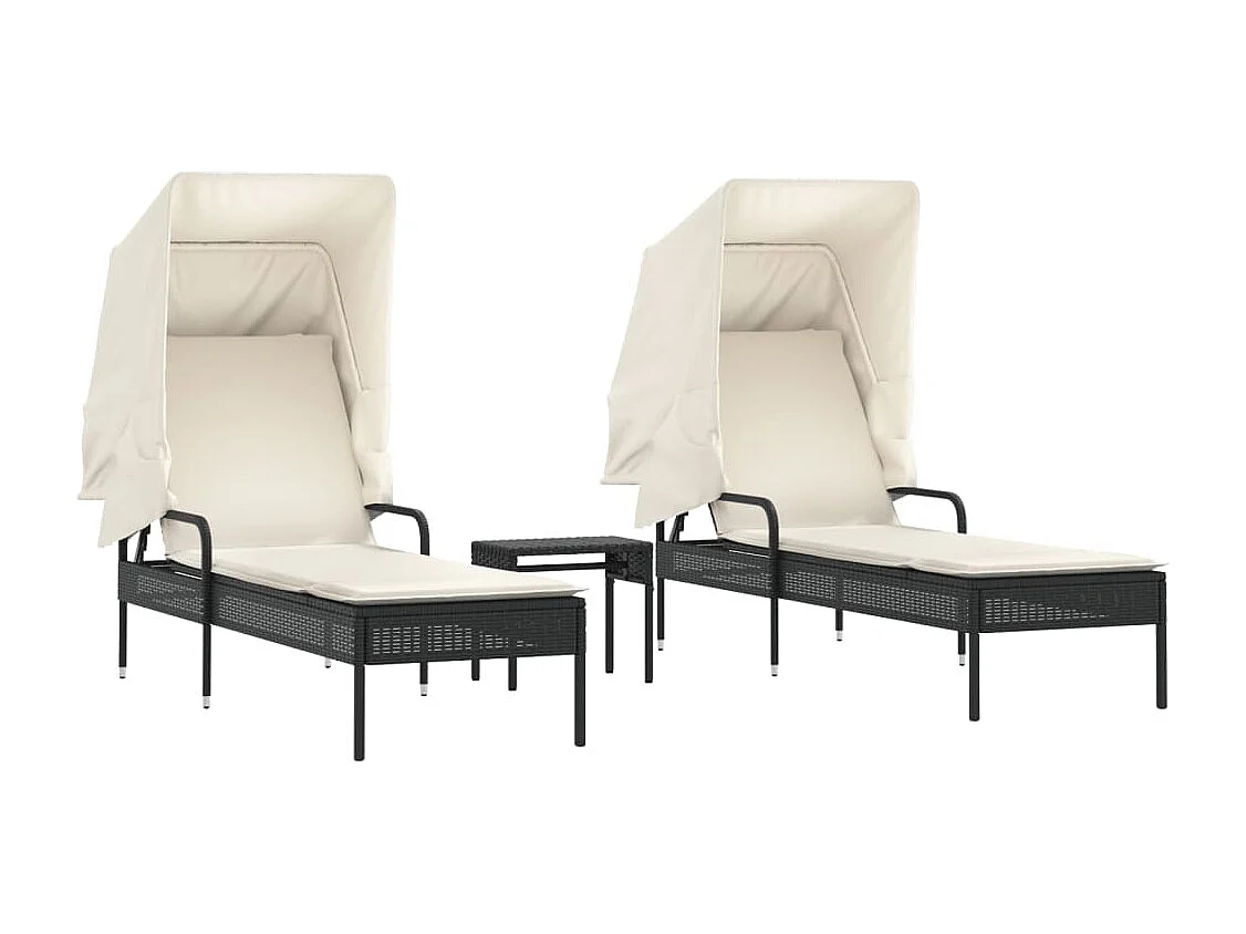Chaises longues lot de 2 avec auvents et table noir poly rotin