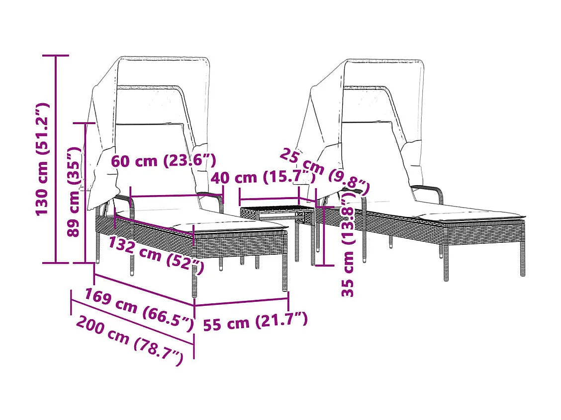 Chaises longues lot de 2 avec auvents et table noir poly rotin