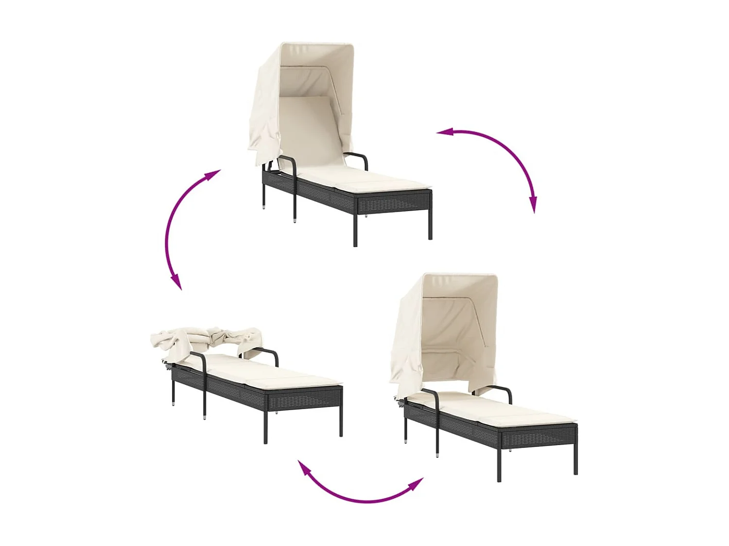 Chaises longues lot de 2 avec auvents et table noir poly rotin