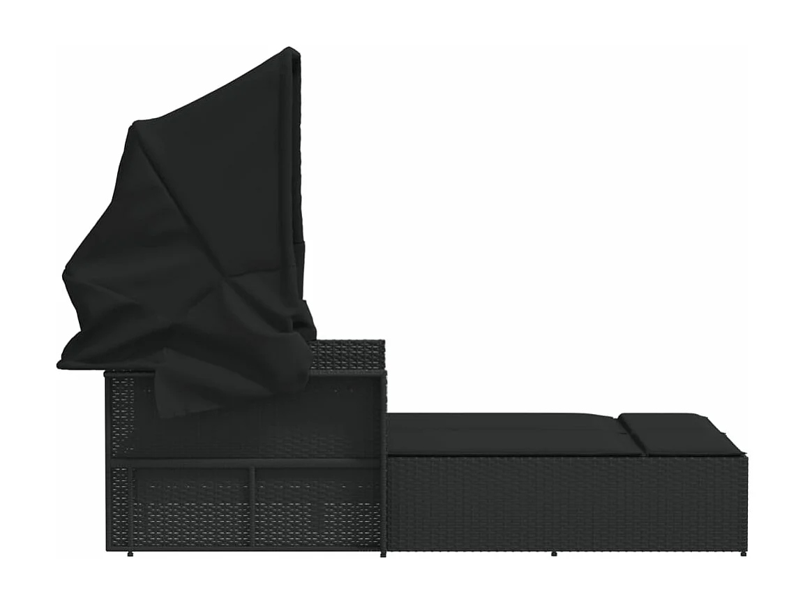 Chaise longue double et auvent et coussins noir résine tressée