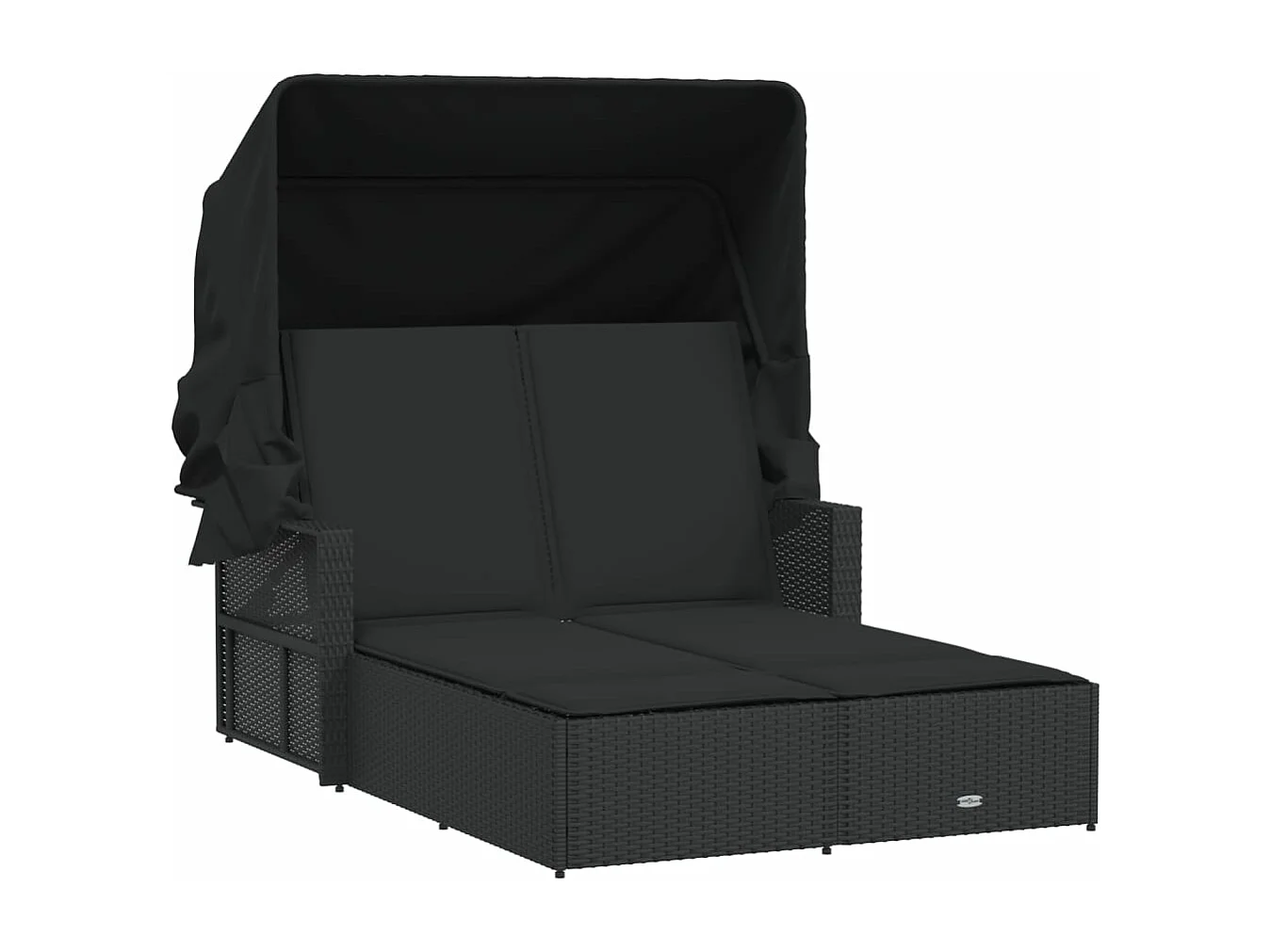 Doppel-Loungesessel mit Baldachin und schwarzen Kissen aus gewebtem Harz