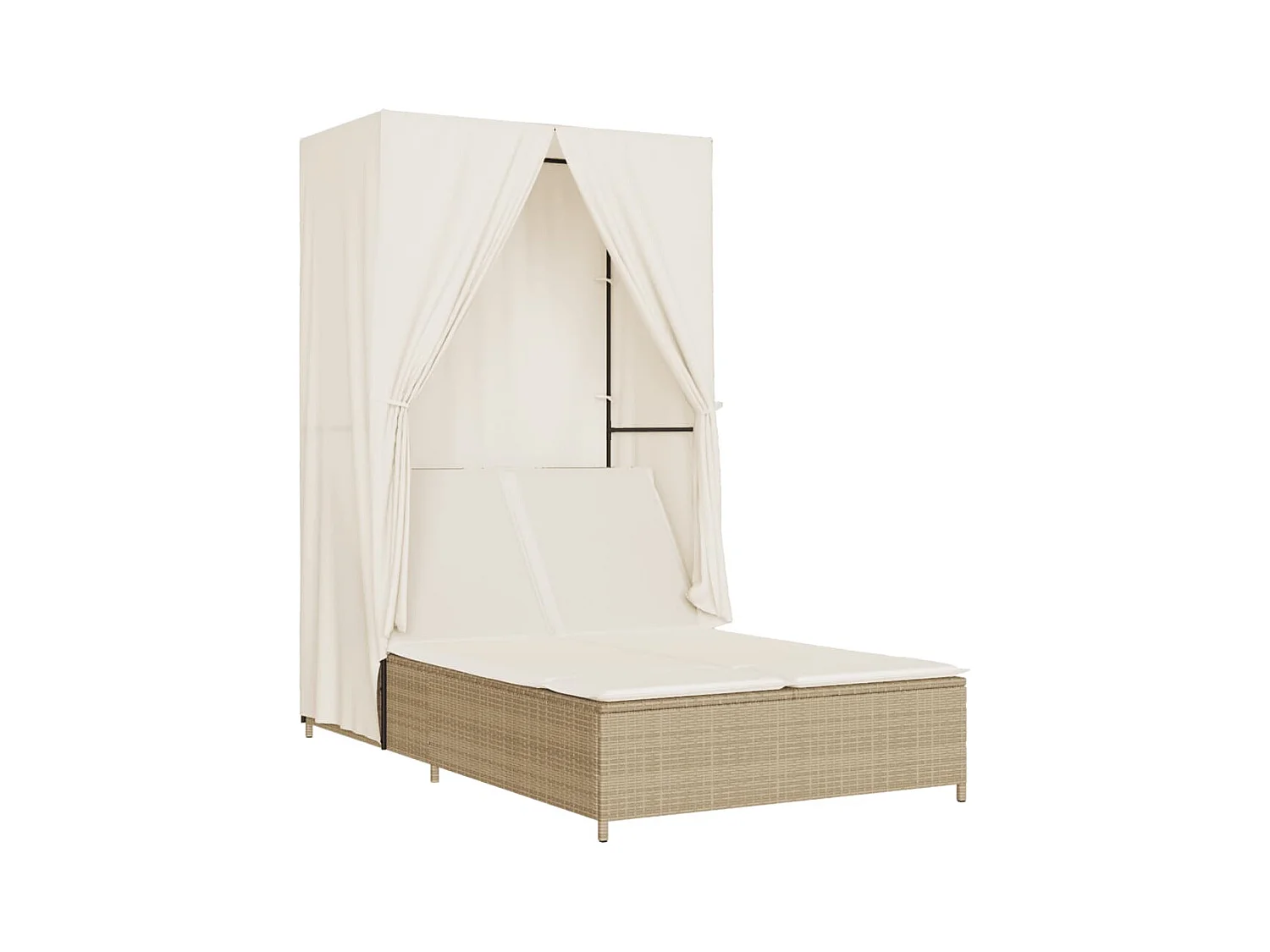 Chaise longue double avec toit et rideaux beige résine tressée