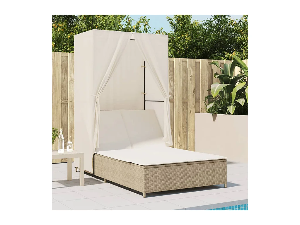 Chaise longue double avec toit et rideaux beige résine tressée