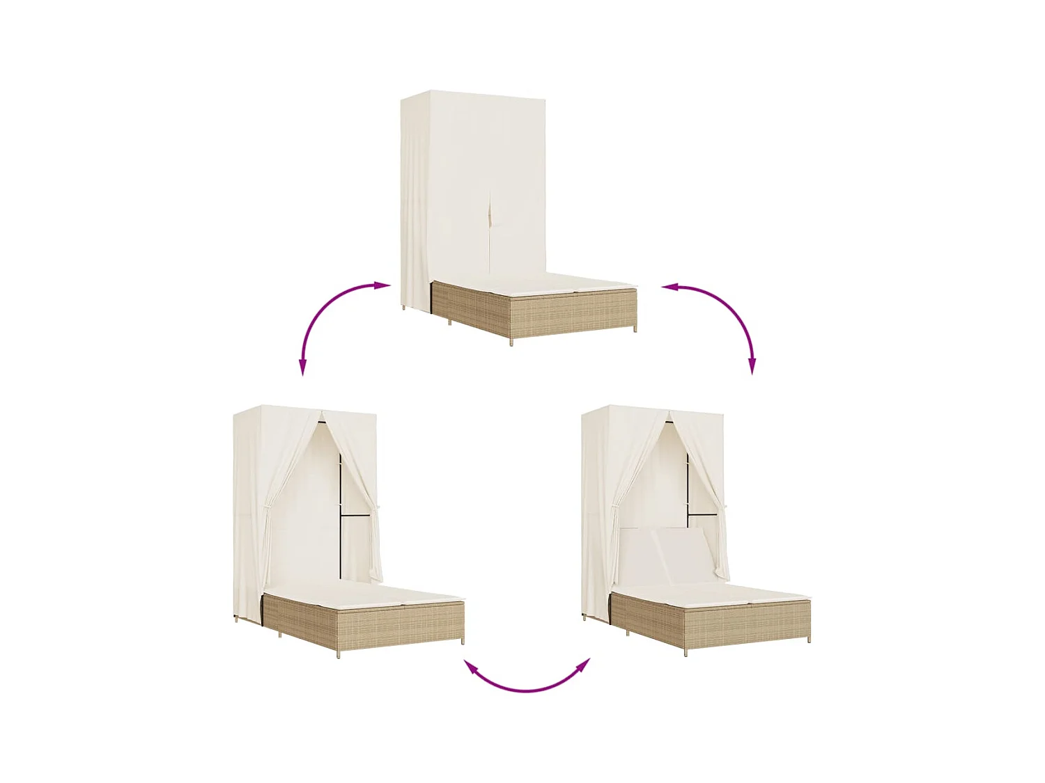 Chaise longue double avec toit et rideaux beige résine tressée