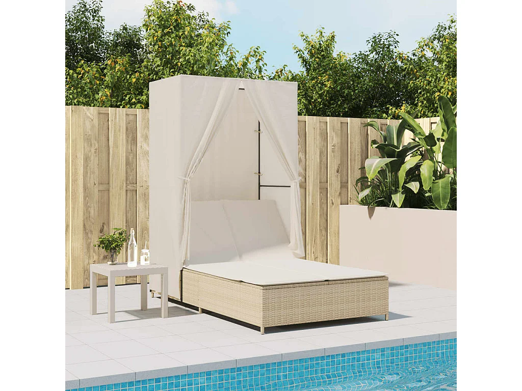 Chaise longue double avec toit et rideaux beige résine tressée