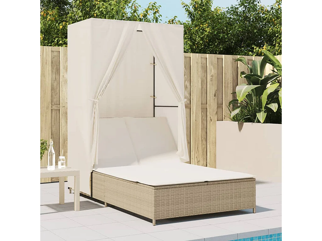 Chaise longue double avec toit et rideaux beige résine tressée