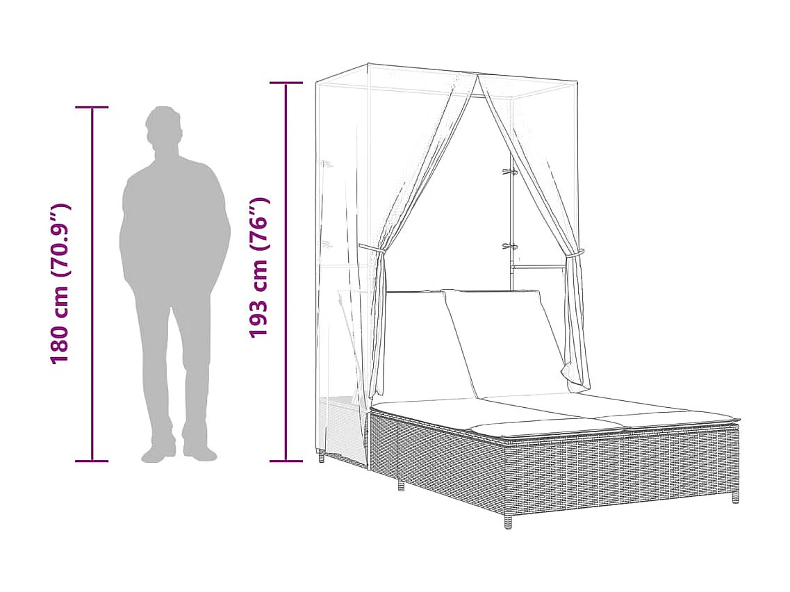 Chaise longue double avec toit et rideaux beige résine tressée
