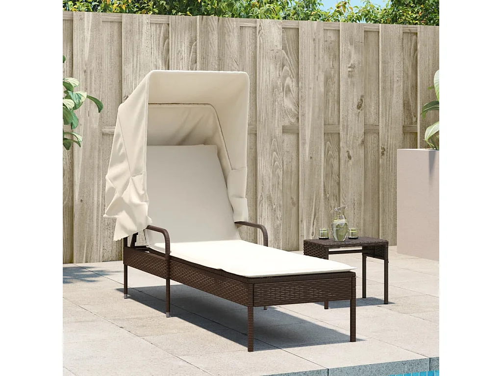 Chaise longue avec auvent et table marron résine tressée