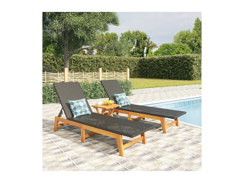 Chaises longues lot de 2 noir/marron résine tressée/bois acacia