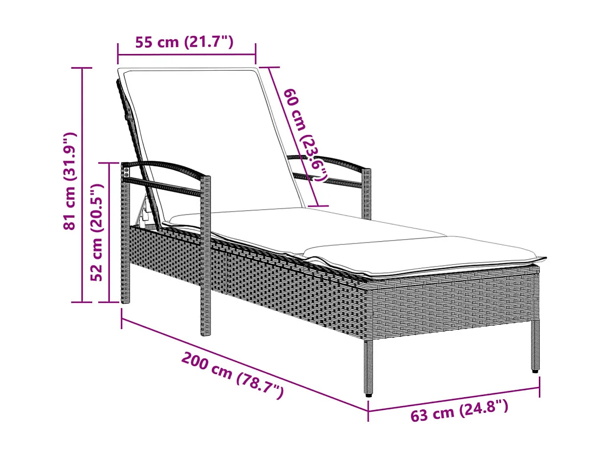 Chaise longue et coussin gris clair 63x200x81 cm résine tressée