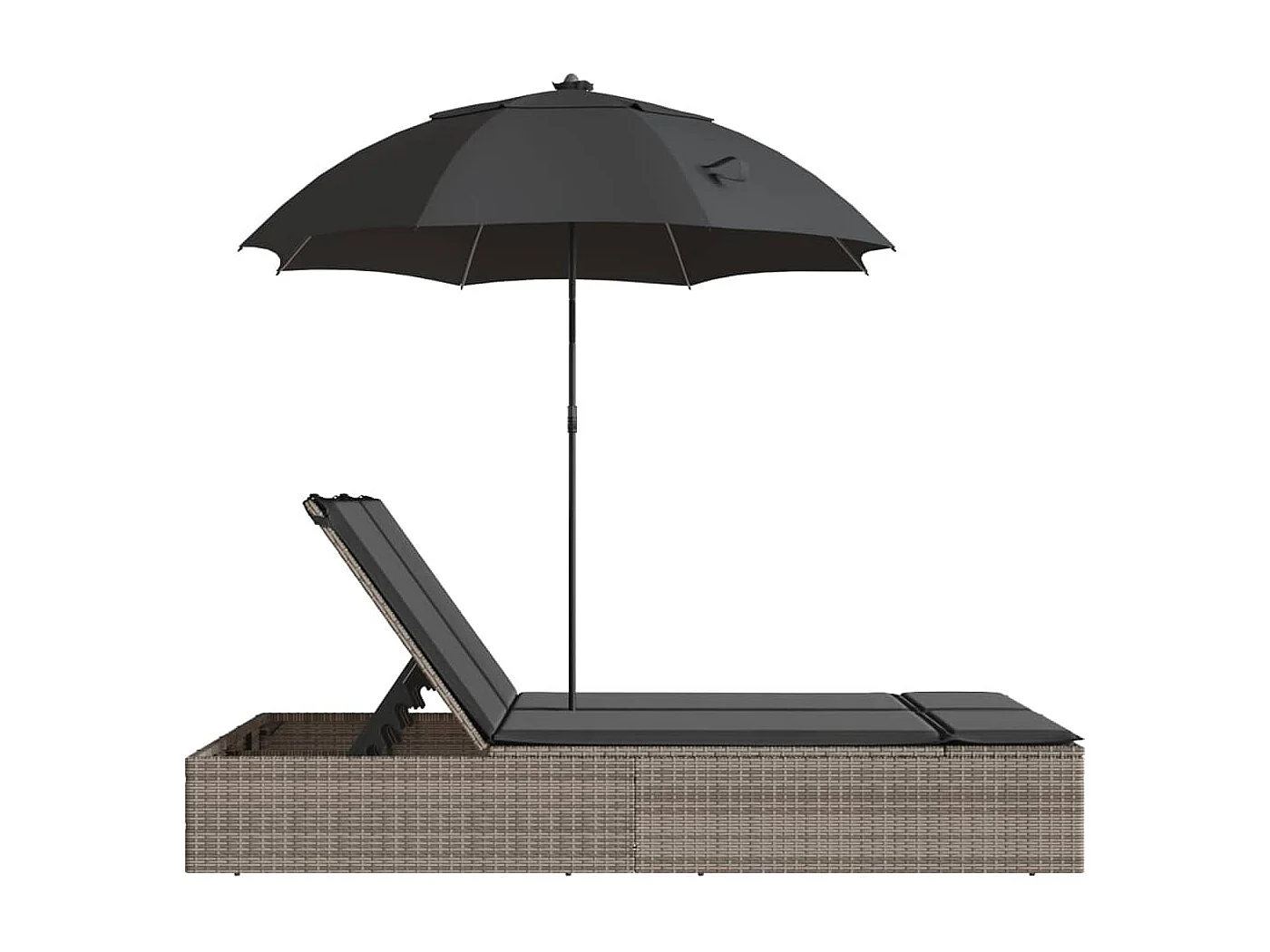 Chaise longue double et coussins et parasol gris résine tressée